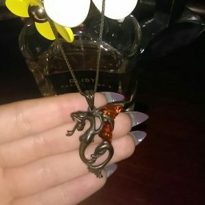Vintage Sterling silver+Amber dragon necklace
